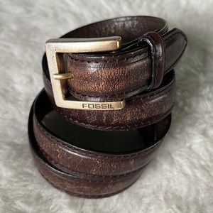 Fossil brown leather belt square silvertone buckle sz large
